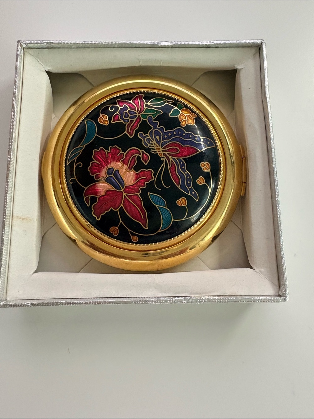 Gold Tone Floral Enamel Compact Mirror with Refillable Makeup Powder